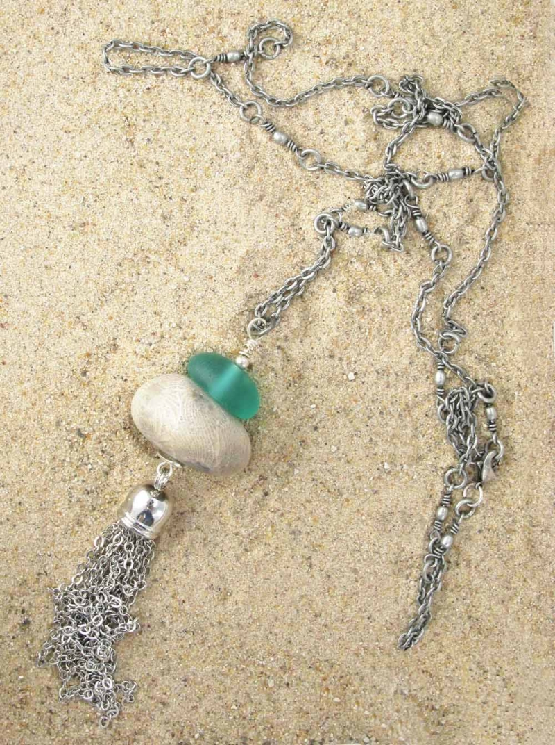 Long Necklace in Beach Glass and Stones